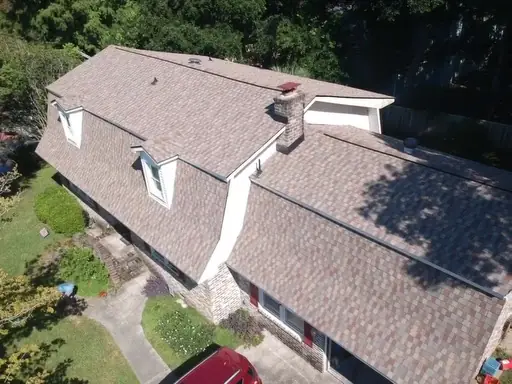 Roofers Aerial view of completed asphalt shingle roof replacement by Big Bear Roofing.