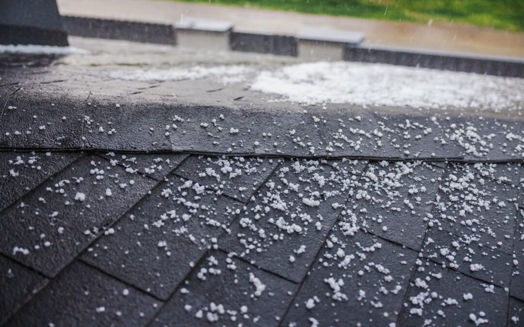 Small hailstones scattered across a dark asphalt shingle roof during a hailstorm